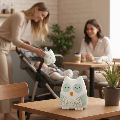 Veilleuse bruit blanc portable 30 sons apaisants | Hibou – Deux mamans dans un café qui met  musique à leur bébé dans poussette.