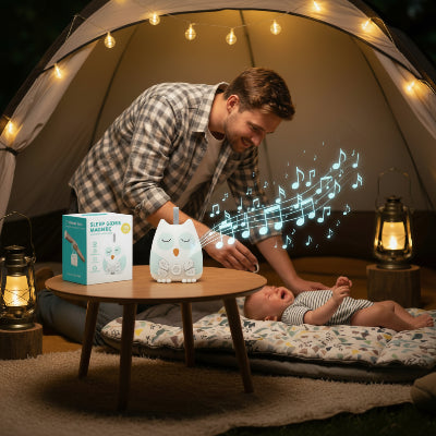 Veilleuse bruit blanc portable 30 sons apaisants | Hibou – Papa donnant la suce à son bébé le soir au camping