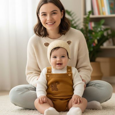 Bonnet bébé beige assis au sol avec maman gilet beige