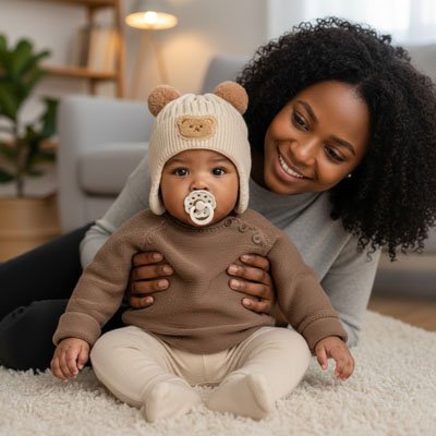 Bonnet bebe beige assis au sol avec maman
