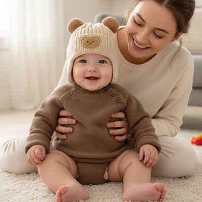 Bonnet bebe beige assis au sol avec maman