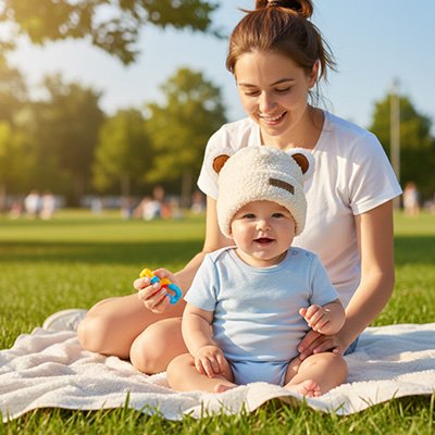 Bonnet bebe beige assis avec maman