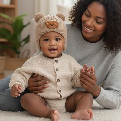 Bonnet bebe beige assis sur maman