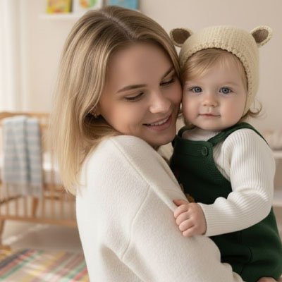 Bonnet bebe beige dans les bras de maman
