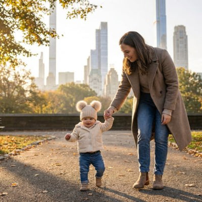 Bonnet bebe beige marchant avec maman par la main
