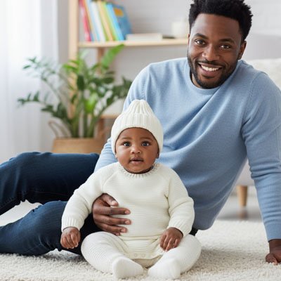 Bonnet bebe  blanc assis au sol avec papa