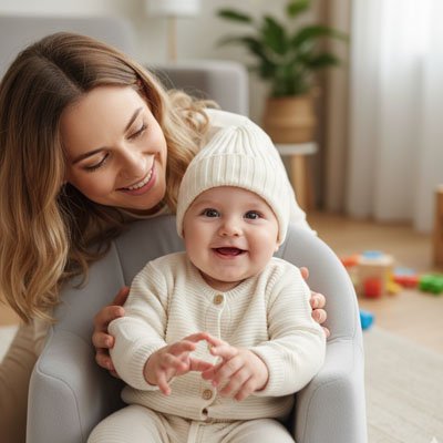 Bonnet bebe blanc assis sur chaisière avec maman