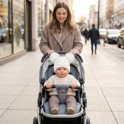 Bonnet bebe blanc cassé avec maman en promenade