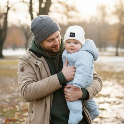 Bonnet bebe blanc dans les bras de papa