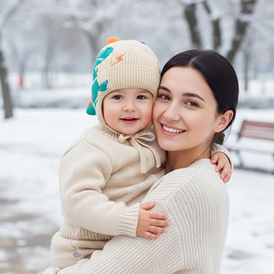 Bonnet bébé dinosaure beige enfant dans bras maman