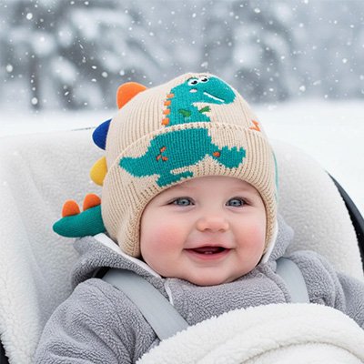 Bonnet bébé dinosaure beige enfant souriant