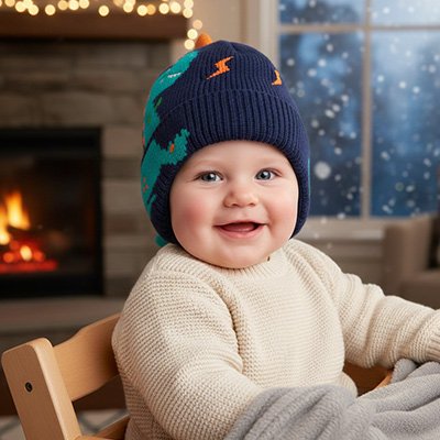 Bonnet bébé dinosaure bleu foncé enfant assis