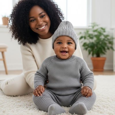 Bonnet bebe gris assis au sol avec maman