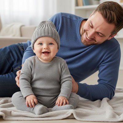 Bonnet bebe gris assis au sol avec papa