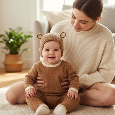Bonnet bébé kaki assis au sol avec maman gilet beige