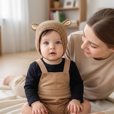 Bonnet bébé kaki assis au sol avec maman