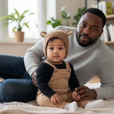 Bonnet bébé kaki assis au sol avec papa