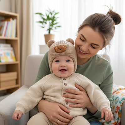 Bonnet bebe kaki assis sur maman