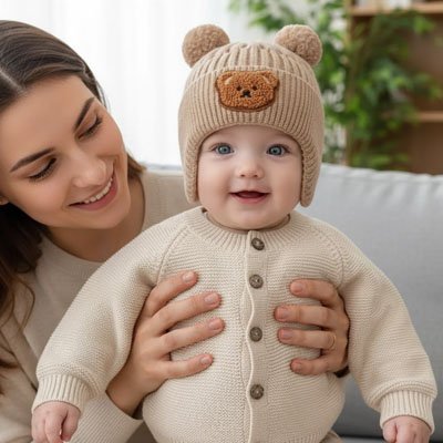Bonnet bebe kaki dans les mains de maman