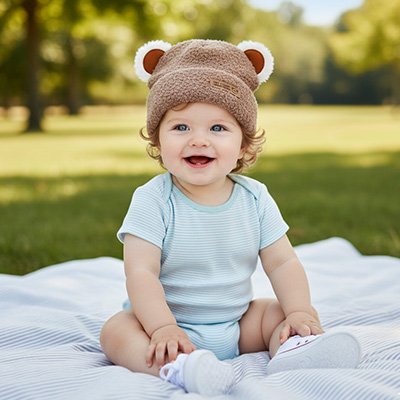 Bonnet bebe marron assis au parc