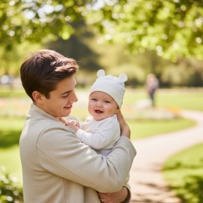 Bonnet bébé neutre avec papa dans les bras debout dans ses bras