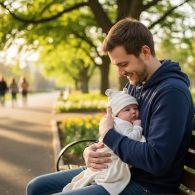 Bonnet bébé neutre avec papa dans ses bras assis sur un banc