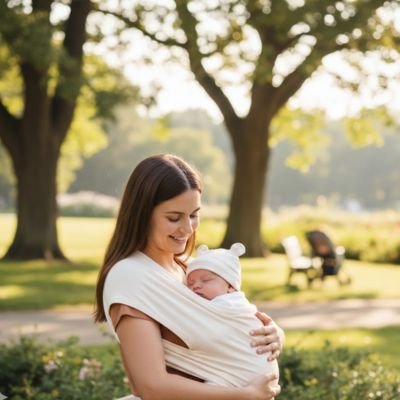 Bonnet bébé neutre sur le ventre de maman en sortie extérieur