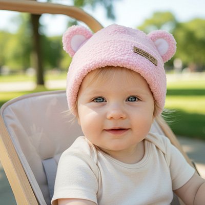 Bonnet bebe rose assis dans poussette