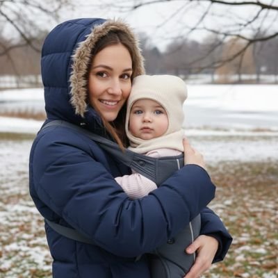 Cagoule bebe beige dans bras de maman manteau bleu