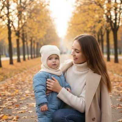 Cagoule bebe beige dans bras de maman