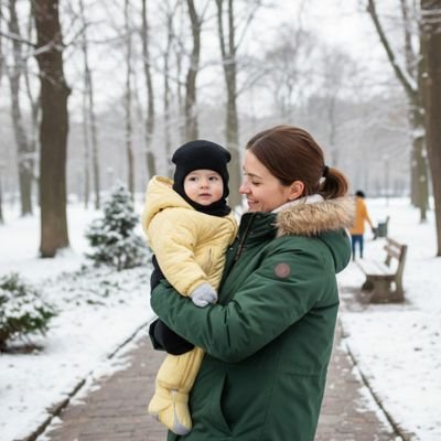 Cagoule bebe noir dans bras de maman manteau vert