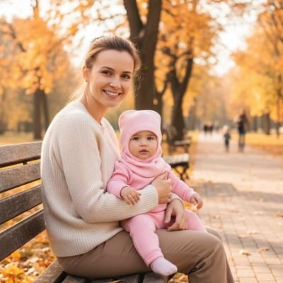 Cagoule bebe rose assis avec maman sur banc