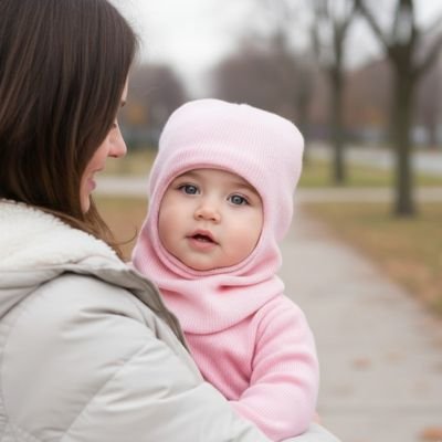 Cagoule bebe rose dans bras de maman