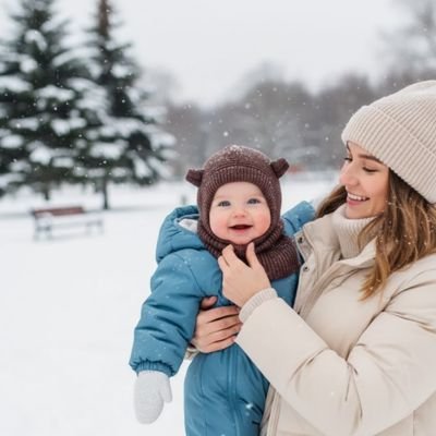 Cagoule pour bebe marron  dans bras maman