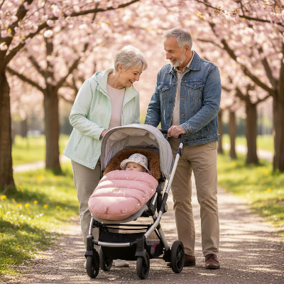 Grands-parents - bébé avec chapeau au printemps