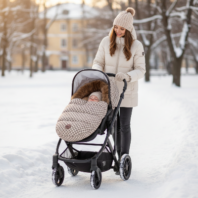 Maman avec bébé en promenade hivernale