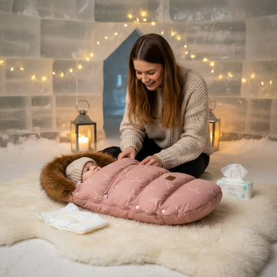 Maman change couche bébé dans igloo sur fourrure