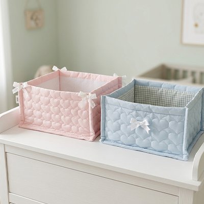 Panier rangement bebe bleu sur étagère
