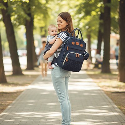sac a dos a langer bleu avec bébé dans les bras