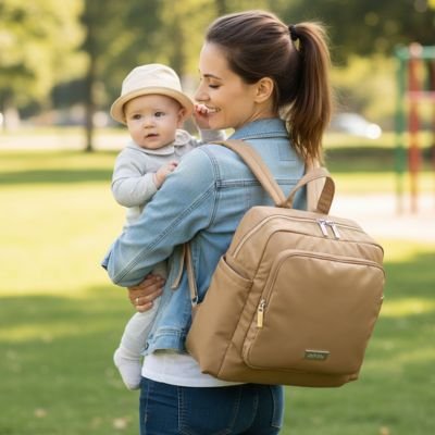 Sac a dos a langer marron maman avec bébé dans les bras