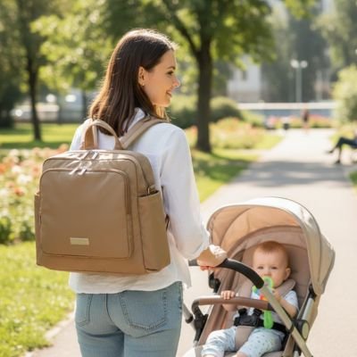 Sac a dos a langer marron promenade en poussette avec bébé