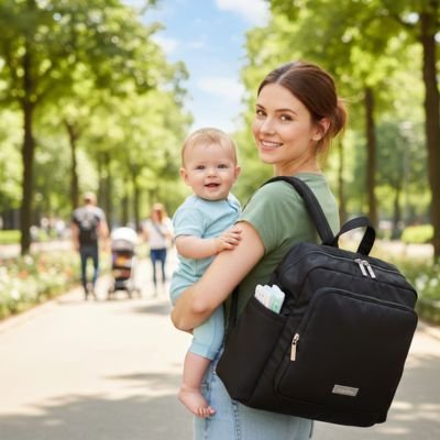 Sac a dos a langer noir en promenade avec maman