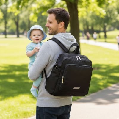 Sac a dos a langer noir papa avec bébé dans les bras