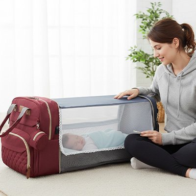sac a dos a langer rouge montrant transformation lit de voyage