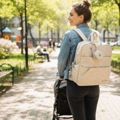 Sac a langer a dos beige mère et bébé sortie en poussette
