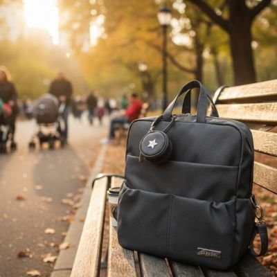 Sac a langer a dos noir sur le banc dans un parc