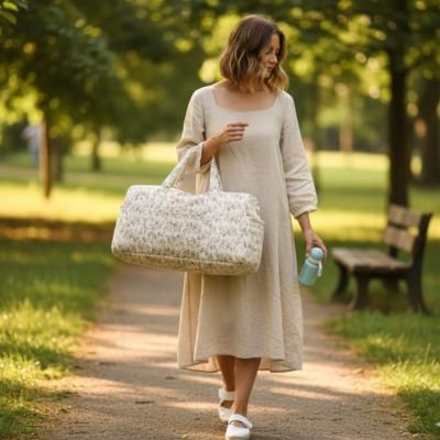 Sac a langer beige chiné femme se promenant au parc