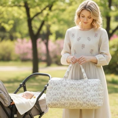 Sac a langer beige chiné maman en promenade avec poussette