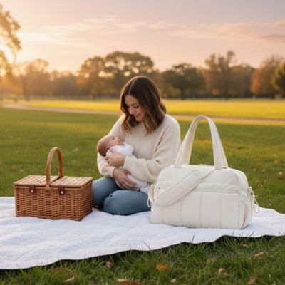 Sac a langer beige en pic-nic avec bébé au parc