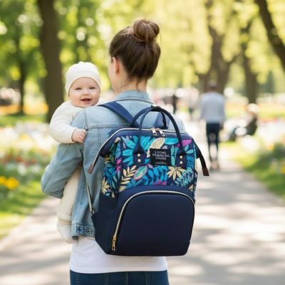 Sac a langer bleu à dos bébé dans les bras de maman